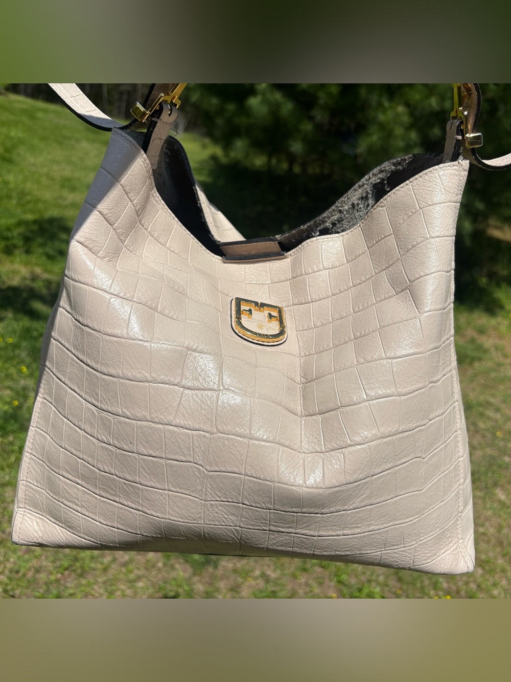 Furla Croc Embossed Leather Shoulder Bag
